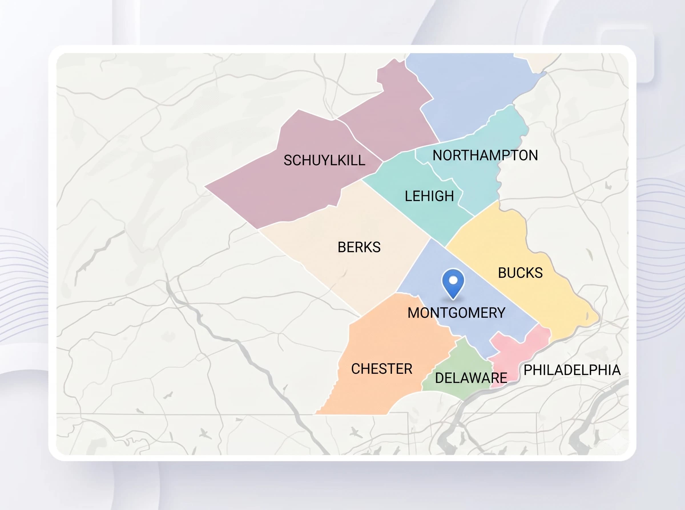 Illustrated Pennsylvania county coverage map showing Philadelphia, Bucks, Montgomery, Delaware, Chester, Lehigh, Northampton, Berks, Schuylkill