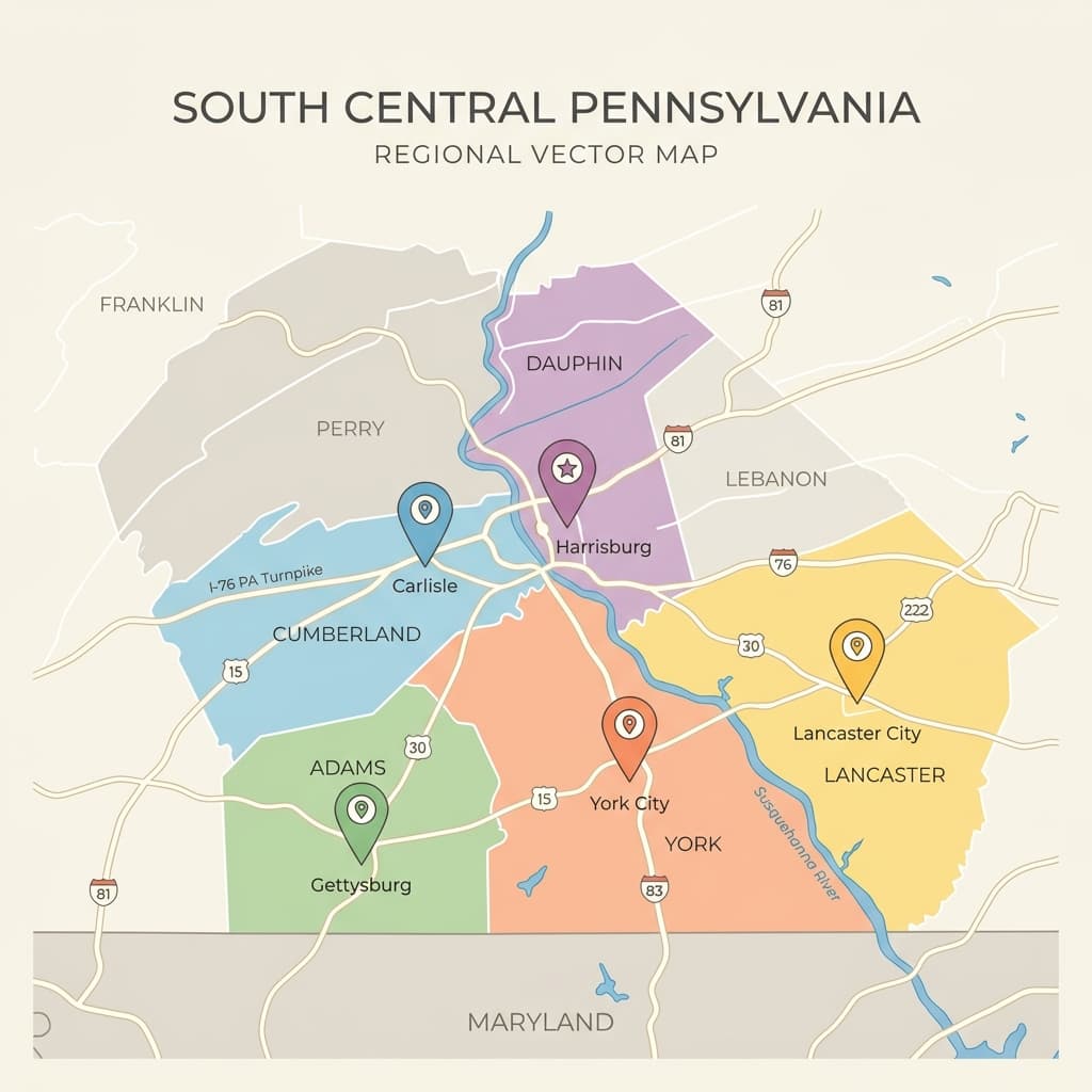 Pennsylvania map highlighting Feasterville headquarters and serving Bucks, Philadelphia, Montgomery, Delaware, Chester, Lehigh, Northampton, Berks, and Schuylkill counties
