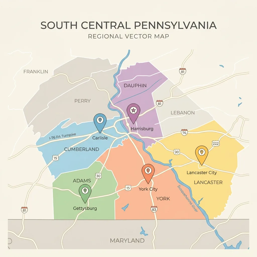 Pennsylvania map highlighting Feasterville headquarters and serving Bucks, Philadelphia, Montgomery, Delaware, Chester, Lehigh, Northampton, Berks, and Schuylkill counties